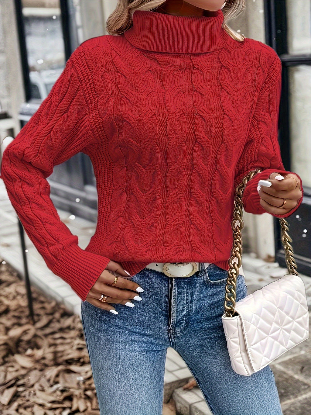 Xanthe | Cable-Knit Turtleneck Sweater – Red side view