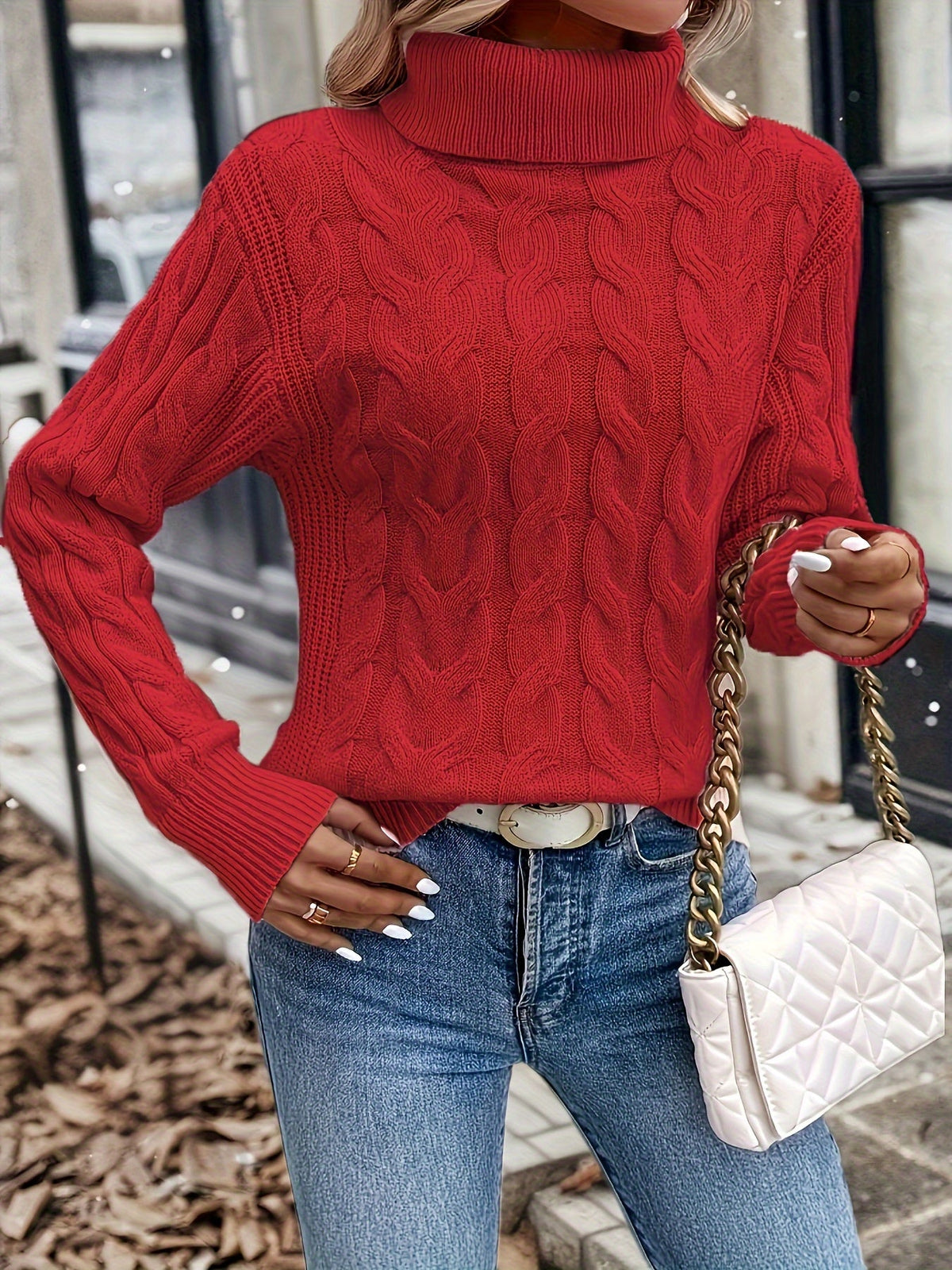 Xanthe | Cable-Knit Turtleneck Sweater – Red side view