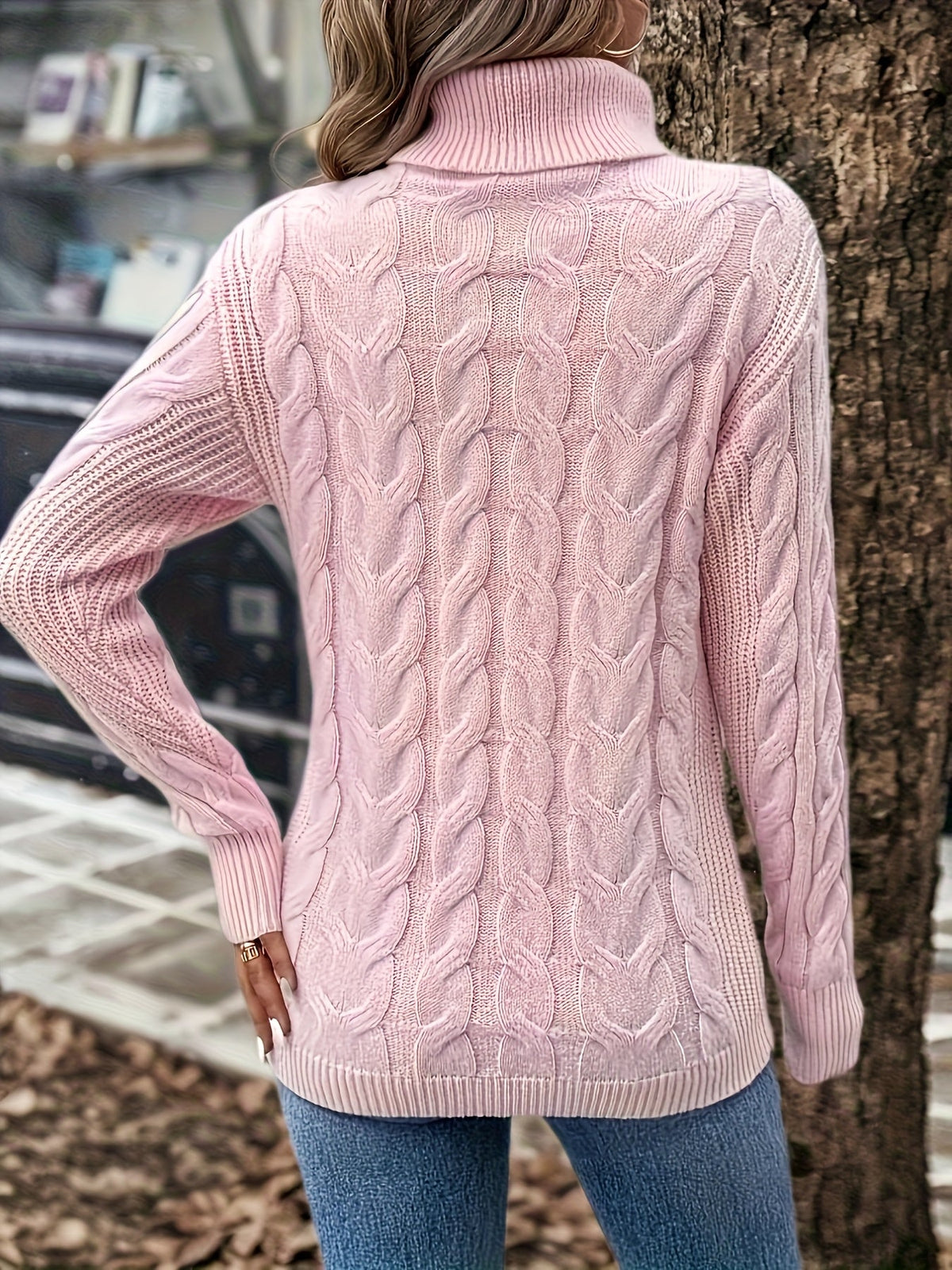 Xanthe | Cable-Knit Turtleneck Sweater – Pink back view