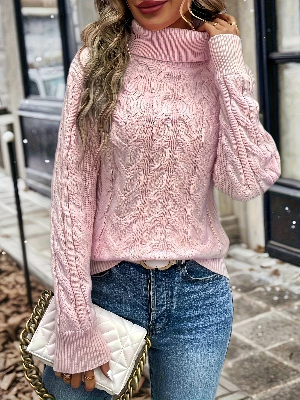 Xanthe | Cable-Knit Turtleneck Sweater – Pink side view