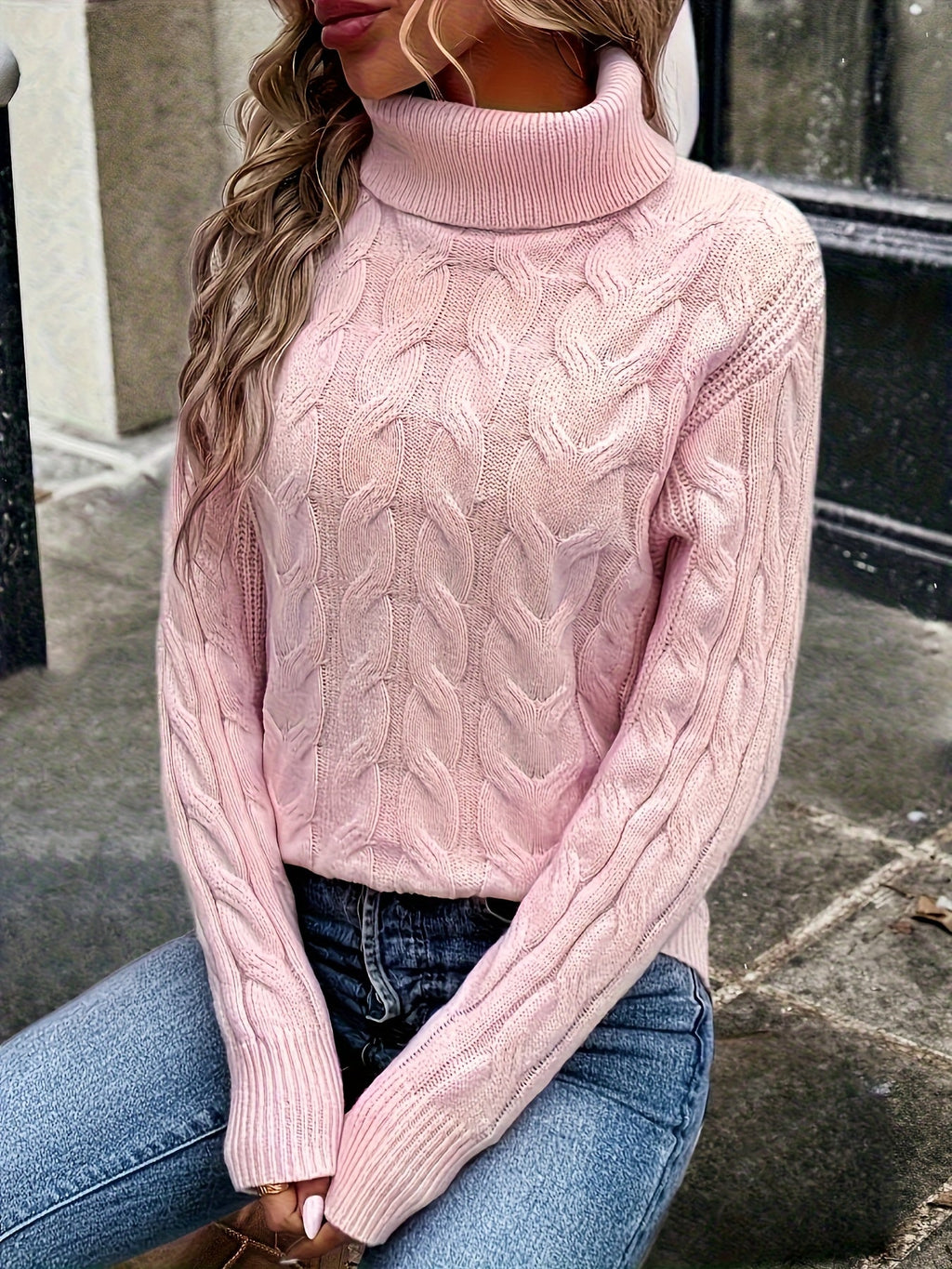 Xanthe | Cable-Knit Turtleneck Sweater – Pink detail view