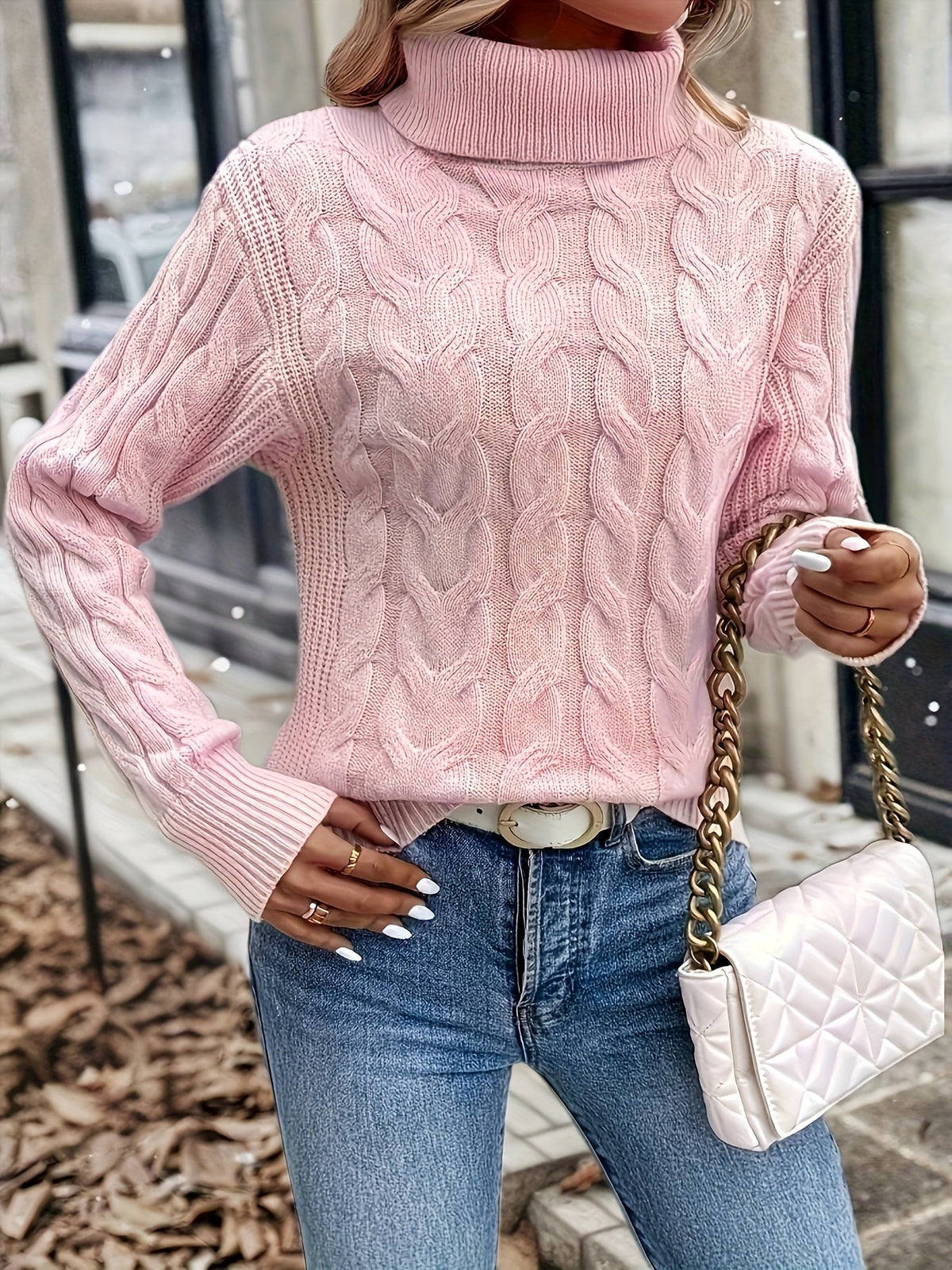 Xanthe | Cable-Knit Turtleneck Sweater – Pink close-up
