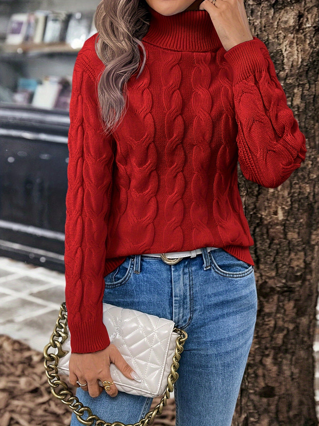 Xanthe | Cable-Knit Turtleneck Sweater – Red detail view