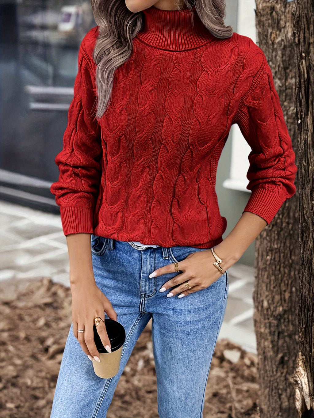 Xanthe | Cable-Knit Turtleneck Sweater – Red close-up
