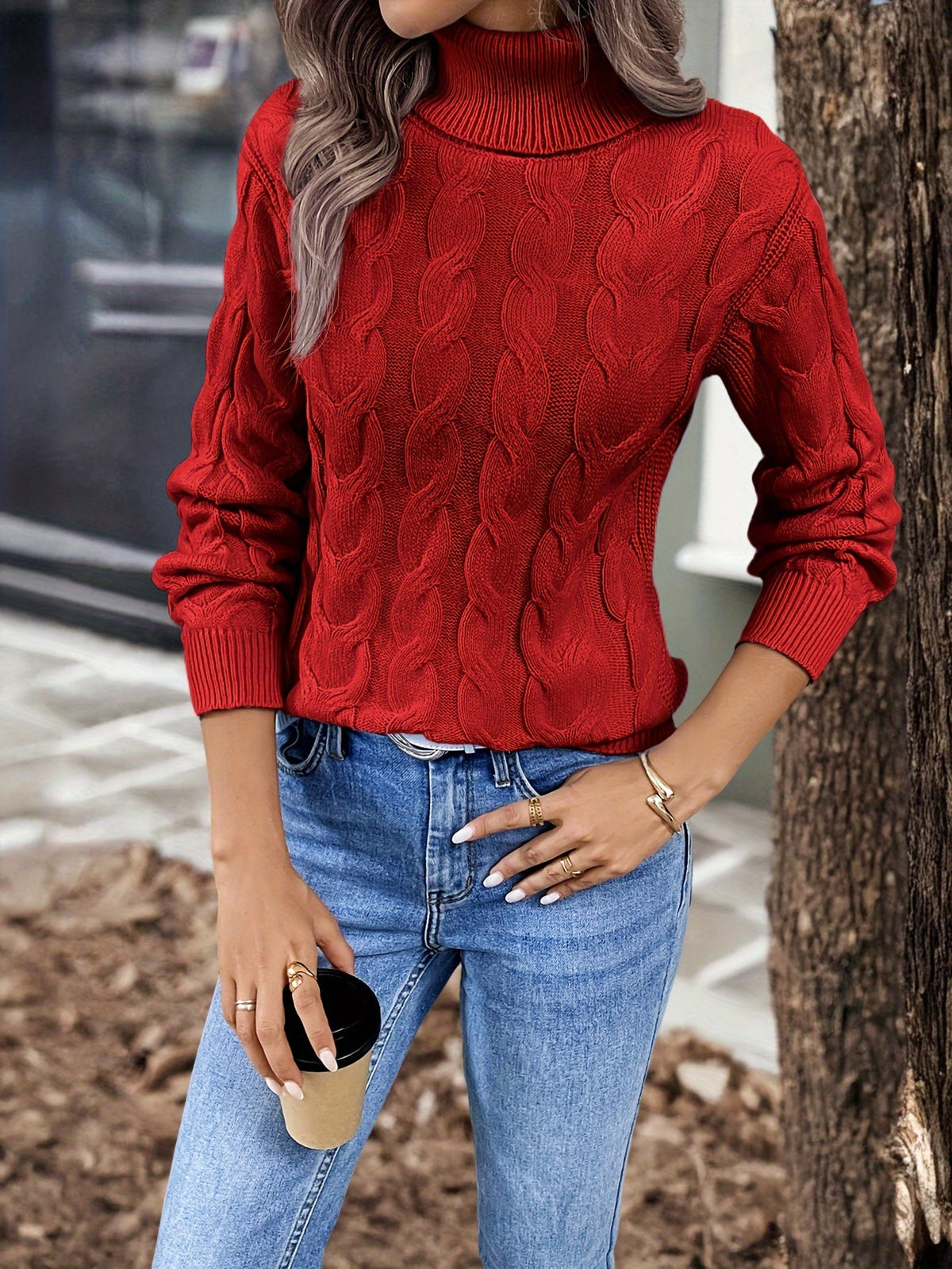 Xanthe | Cable-Knit Turtleneck Sweater – Red close-up