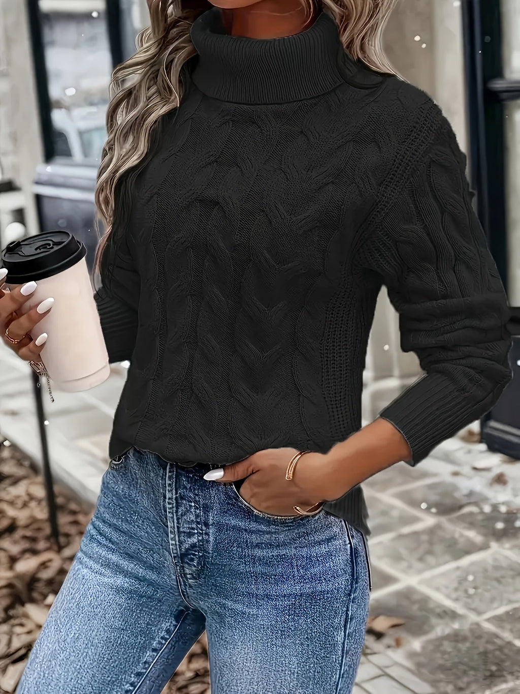 Xanthe | Cable-Knit Turtleneck Sweater – Black styled view