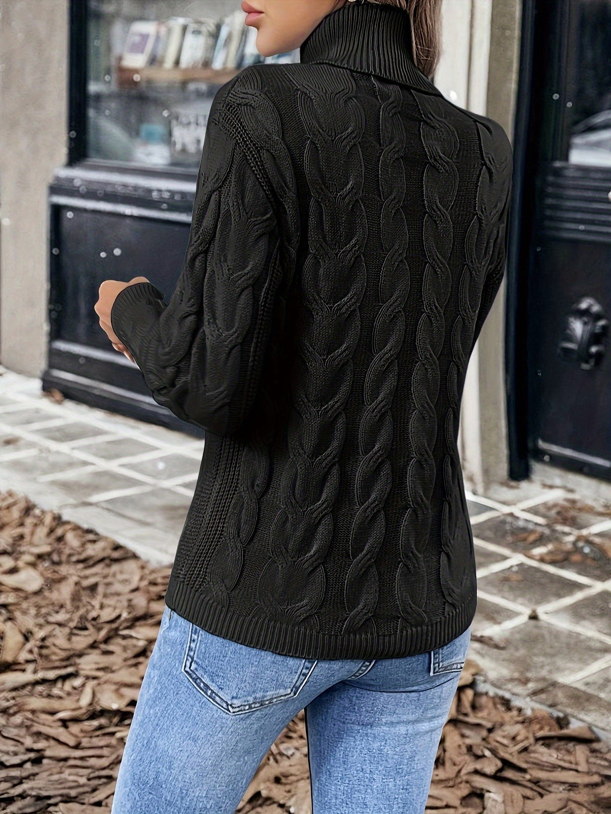 Xanthe | Cable-Knit Turtleneck Sweater – Black back view