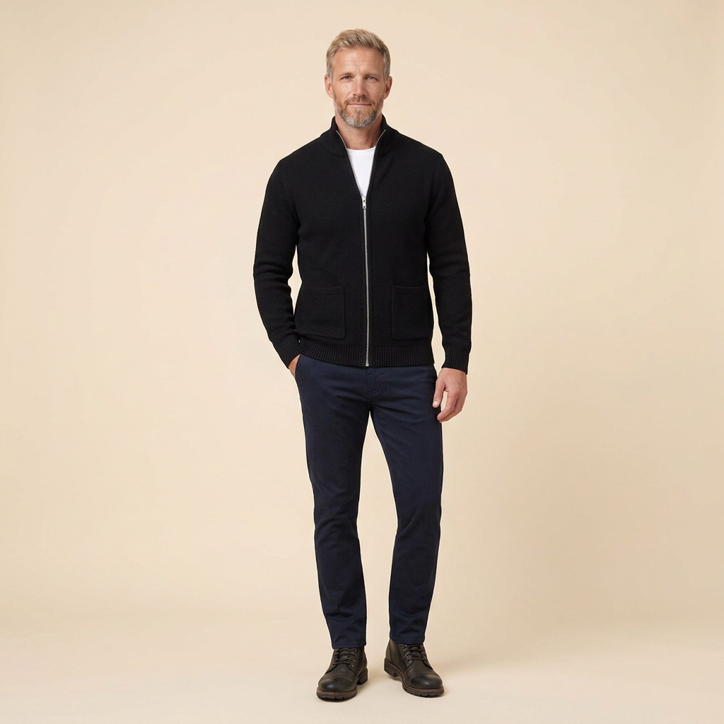 Zeron Men's Full-Zip Cardigan in black – styled view