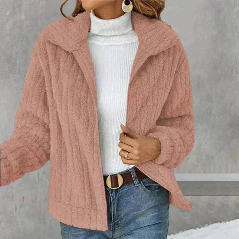 Zoe Casual Plush Cardigan by Vera Noir – styled with a slip dress