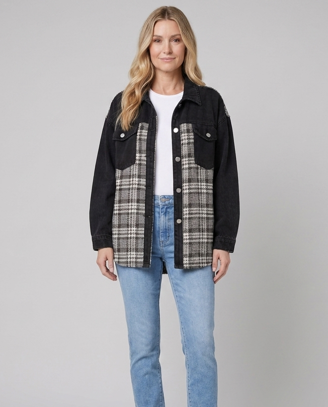 Women's Denim Jacket – Plaid Detail, Long Sleeve