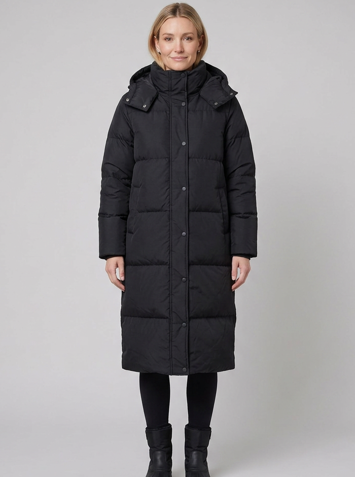 Liora long puffer coat, hooded, black